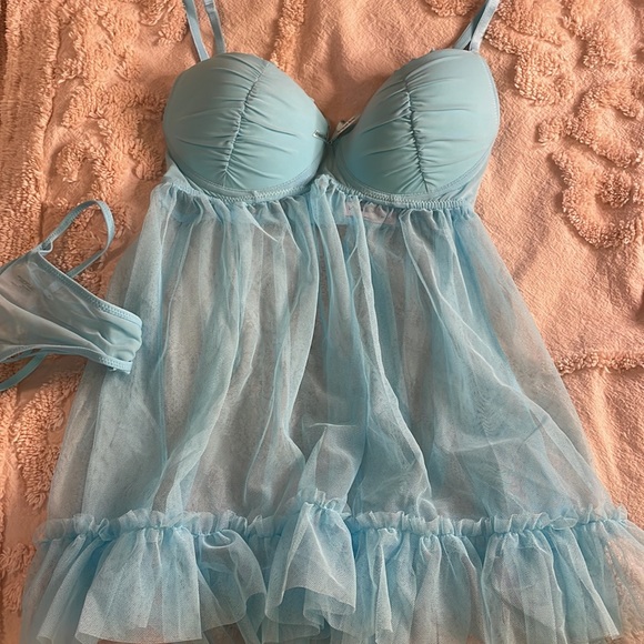 La Vie En Rose | Blue Tulle Babydoll Set - Picture 10 of 11